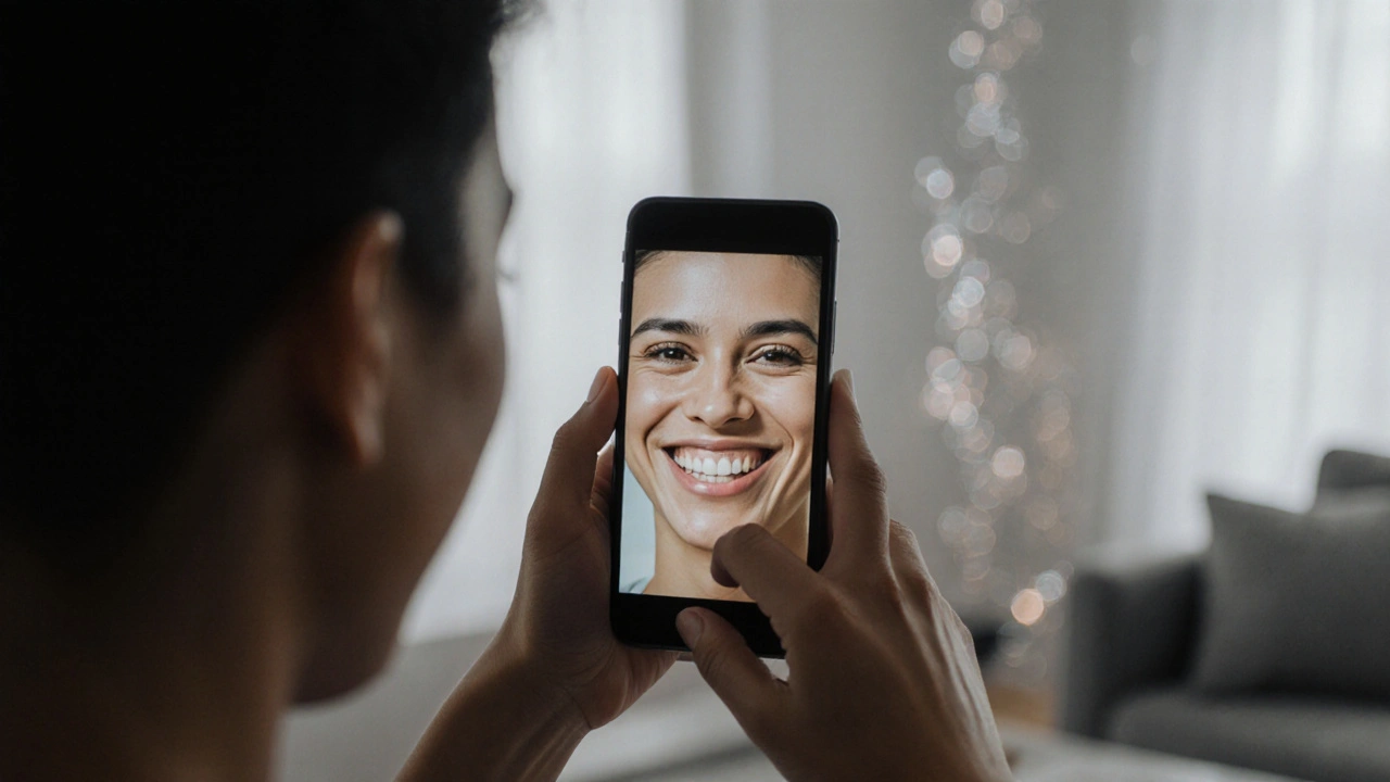 Ruka drží telefon, v odrazu obrazu se objeví bílý úsměv s keramickými vložkami.