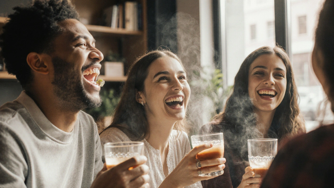 Skupina dospělých se směje v kavárně, nikdo neukrývá ústa, nosí ortodontické aparáty.