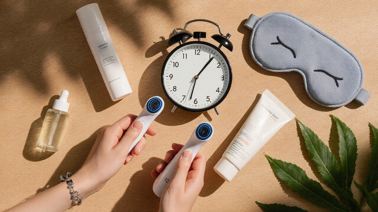 Sonický kartáček spolu s hydratačními a ochrannými produkty pro vyváženou péči o pleť.