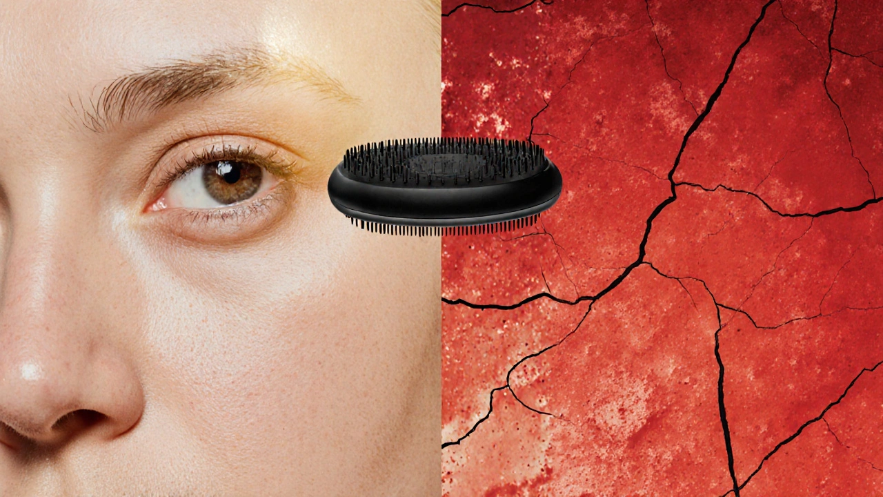 Srovnání zdravé a podrážděné pleti, symbolizující následky příliš častého čištění.