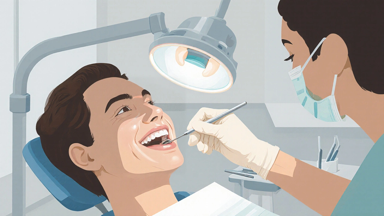 Stomatolog vyměňuje starou plombu za novou, která odpovídá barvě zubů.