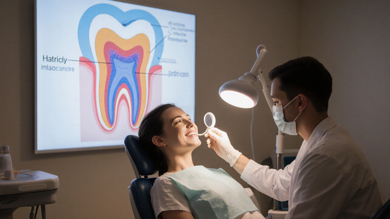 Stomatolog vyšetřuje zuby pacienta s vnitřním zbarvením v klinice.