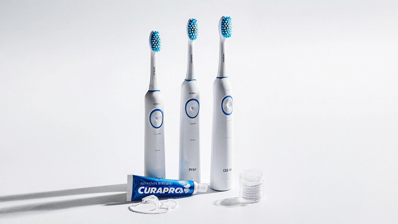 Tři modely kartáčků Curaprox s nití a pastou na čistém pozadí
