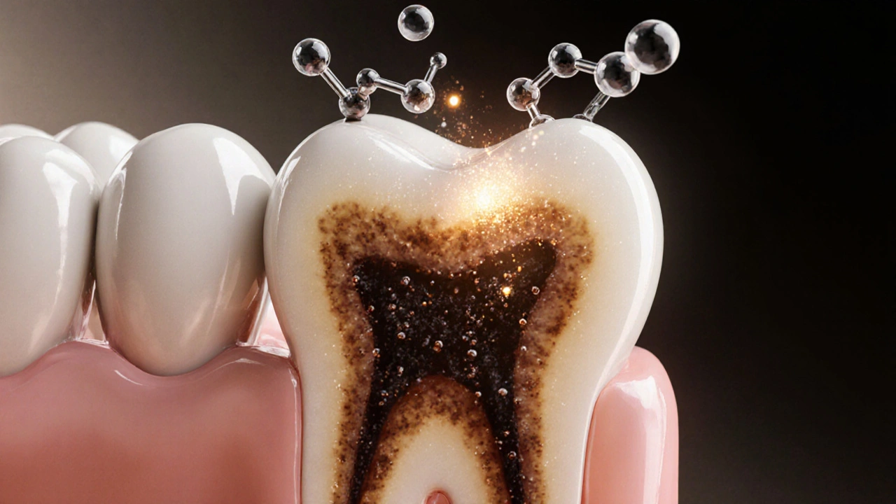Vnitřní struktura zubu s molekulami rozkládajícími pigmenty z tmavých nápojů.