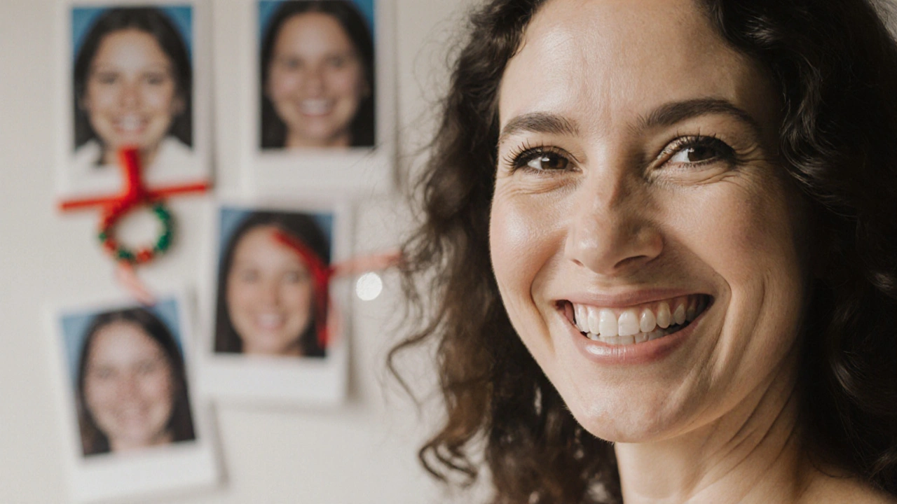 Žena se široce usmívá s dokonale zarovnanými zuby, za ní jsou fotografie před a po léčbě, jedna s červenými vazbami.