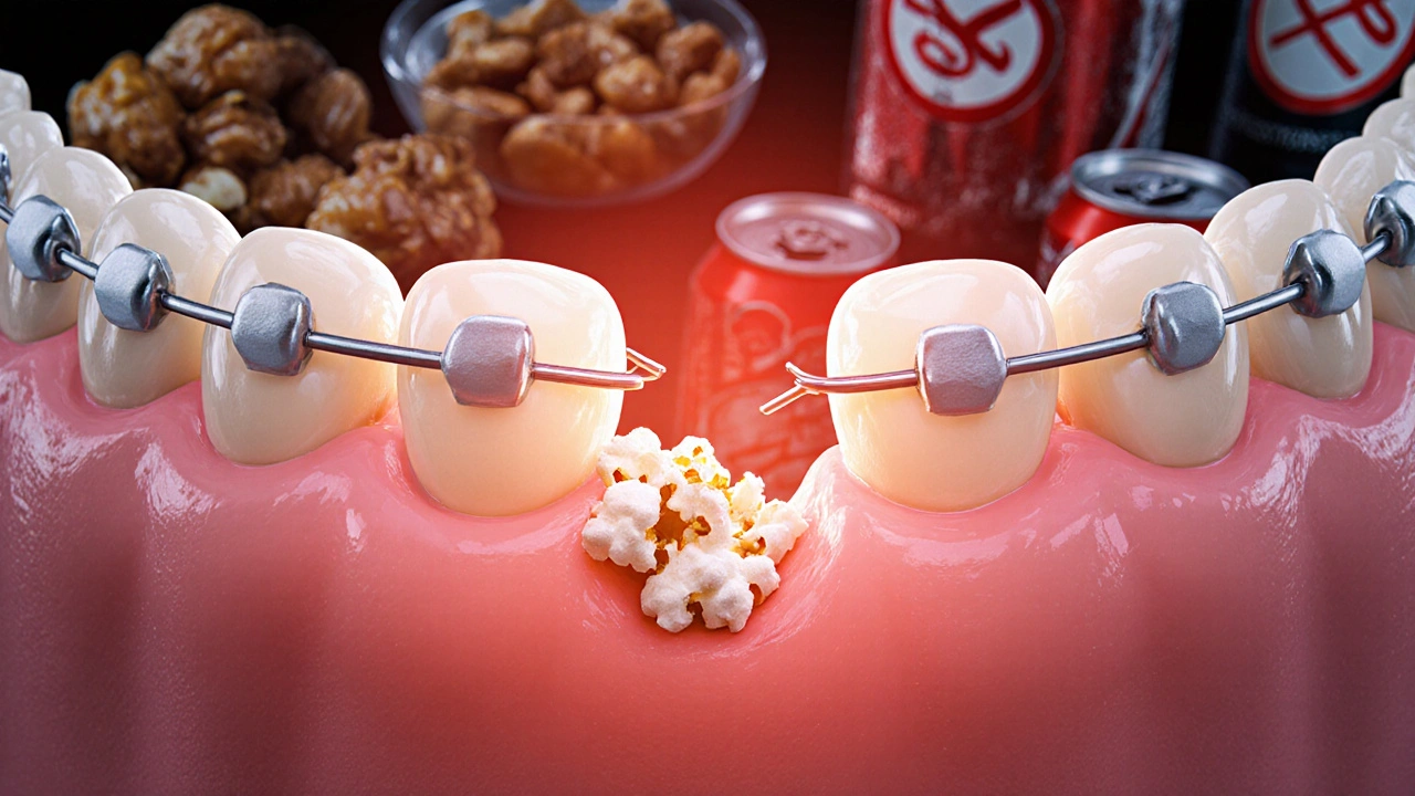 Zlomený drát z rovnátek s zaseknutým zrnkem popcornu, kolem něj červené světlo značící zánět.