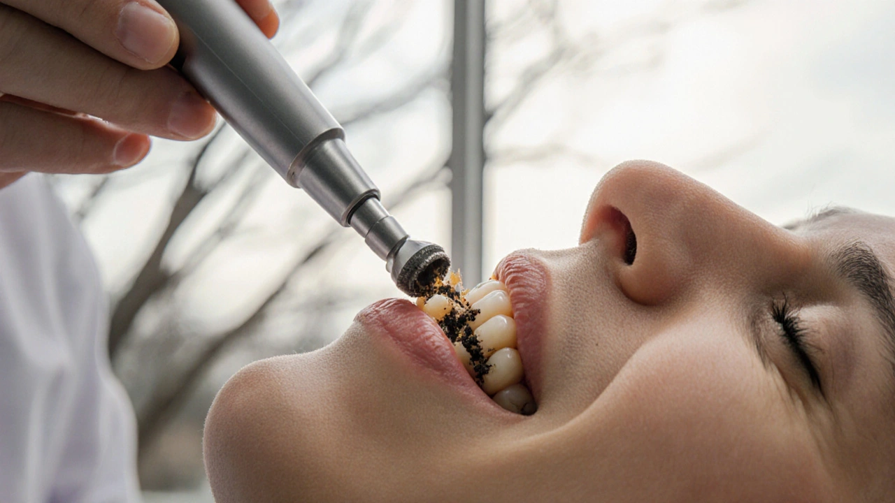 Zubař čistí zuby pacienta profesionálním nástrojem, viditelné odstraňování nikotinových usazenin.