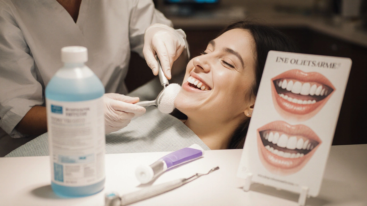 Zubní lékařka čistí zuby pacientovi v ordinaci, na stolku jsou zubní nástroje.