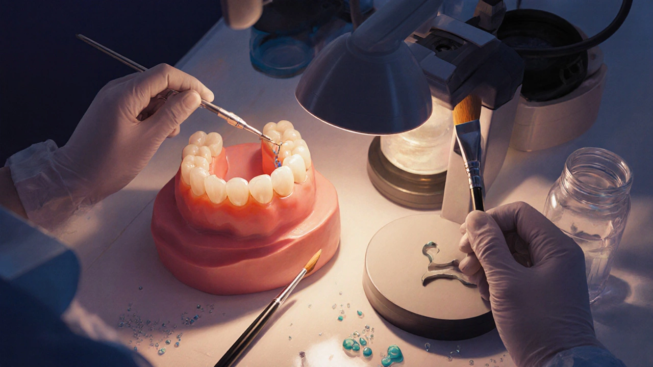 Zubní technik opravuje zlomenou sklovinu přesným nástrojem v laboratoři.