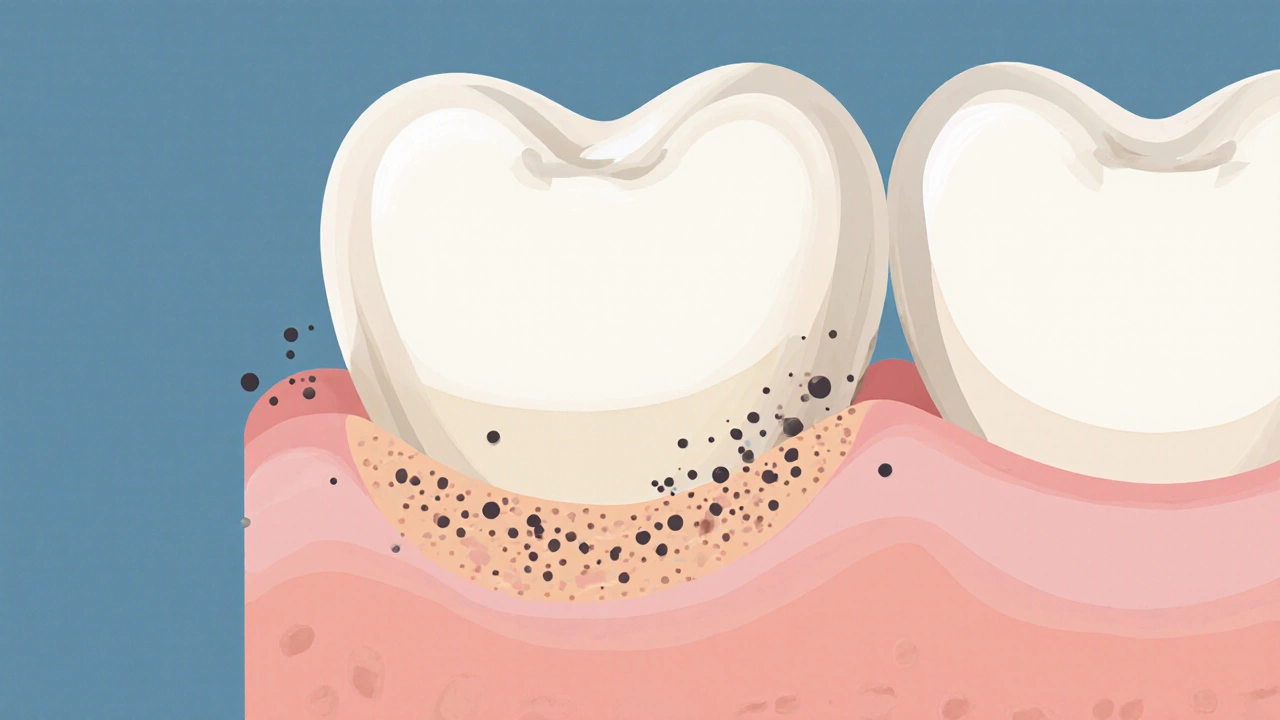 Zvětšený pohled na zub s keramickou onlay a otevřenými mikropóry emailu.
