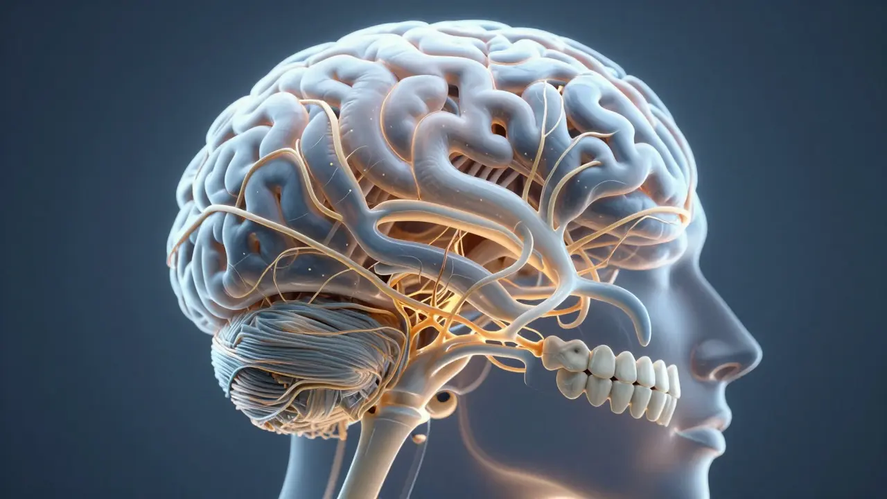 Abstraktní znázornění mozku při přizpůsobení novým keramickým zubům.