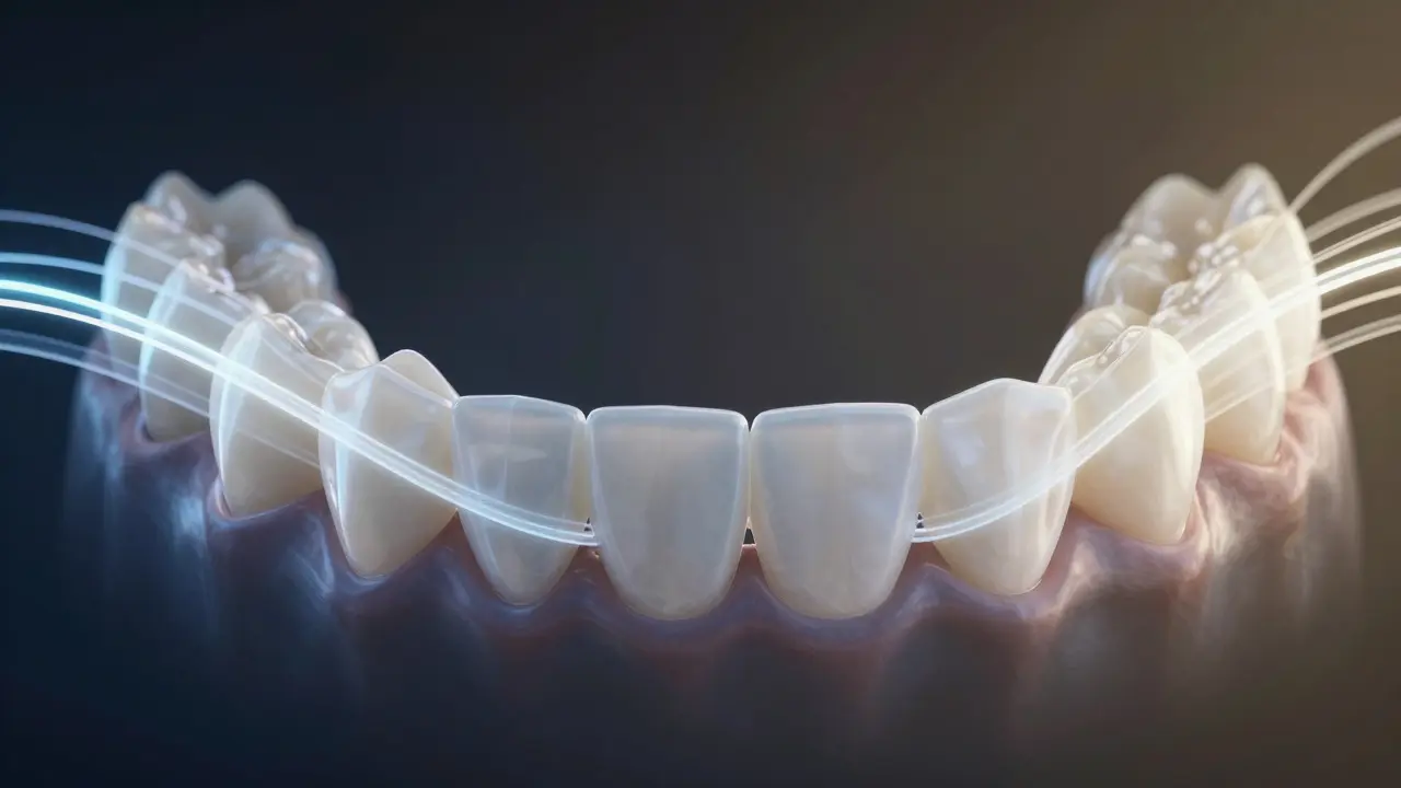 Abstraktní znázornění sil působících mezi horní a dolní čelistí při korekci příkryvu.