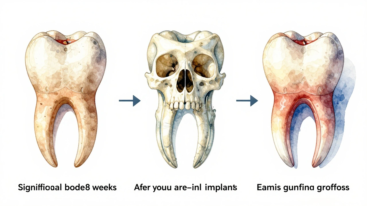 Anatomical illustration showing jawbone resorption and implant timing over weeks and months.