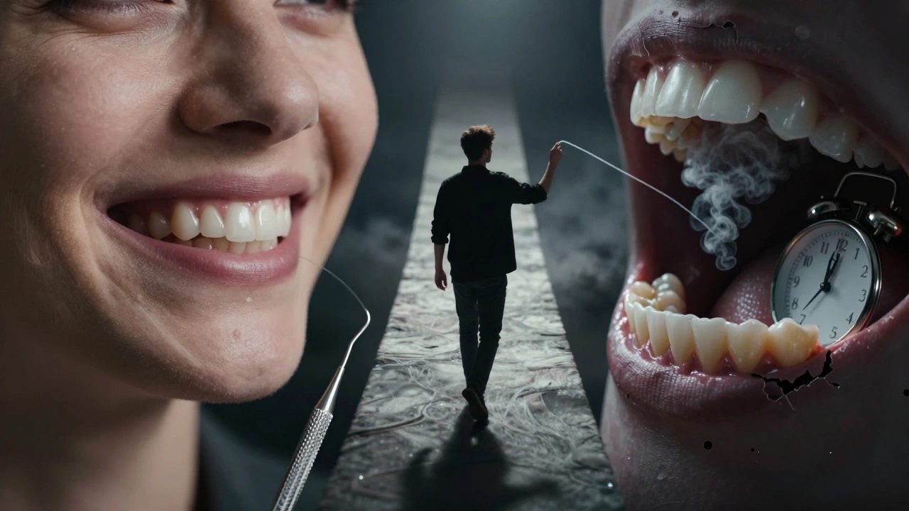 Člověk stojí na rozcestí mezi zdravým a poškozeným ústním zdravím.