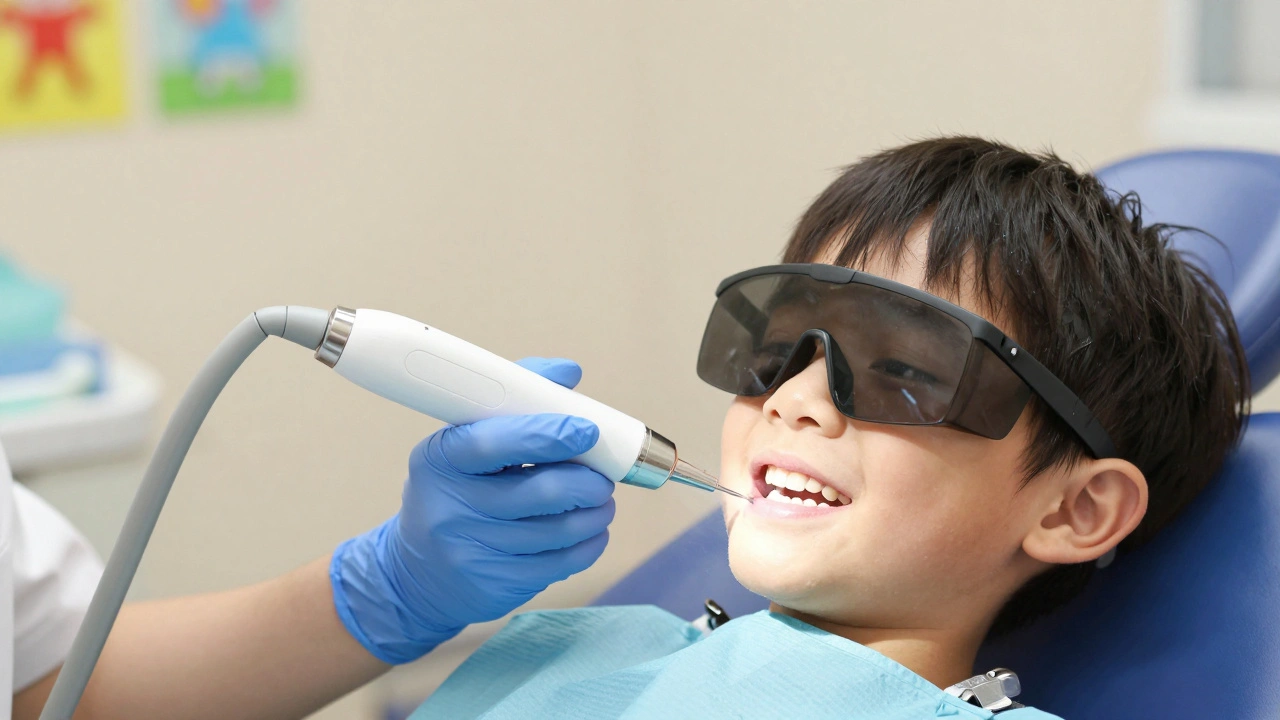 Dětský zubař odstraňuje zubní kámen ultrazvukovým přístrojem.