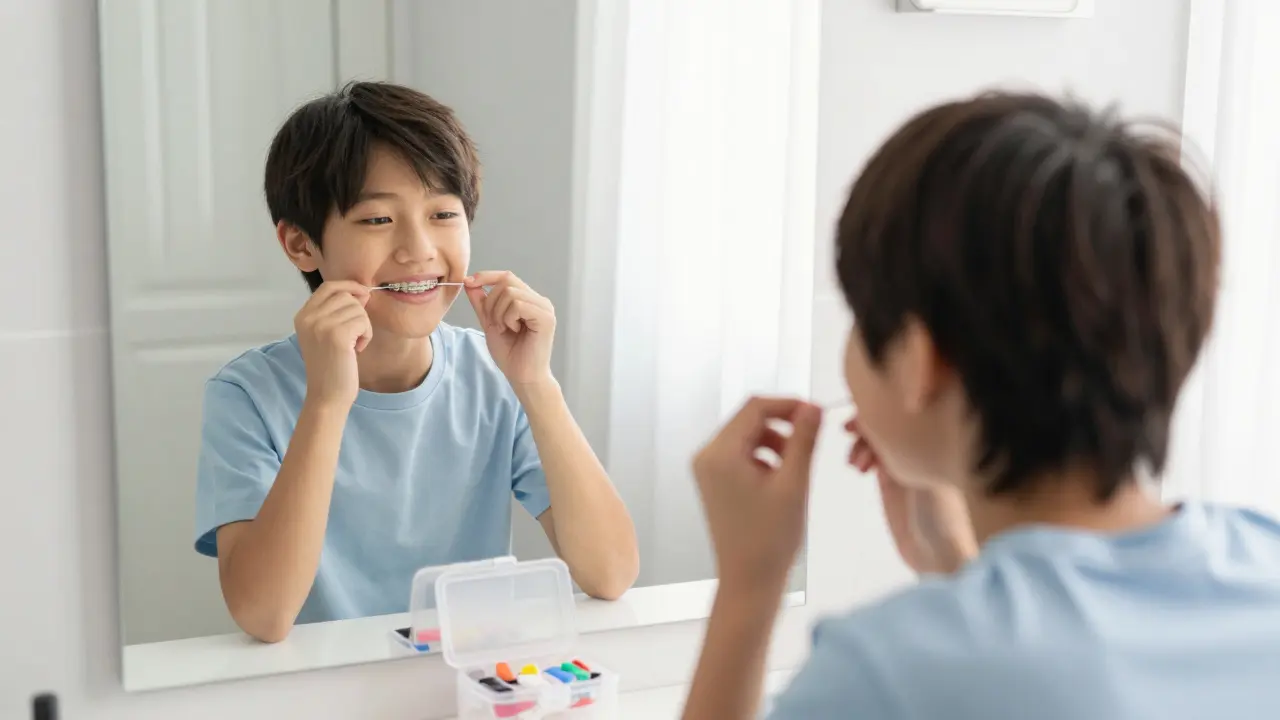 Dívka vkládá gumičky do rovnátek před zrcadlem s krabičkou gumiček na stole.