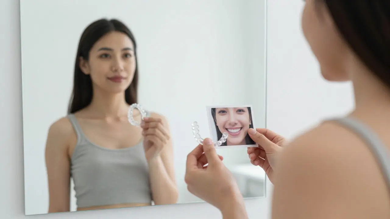 Dospělý muž se dívá do zrcadla, drží ortodontický zařízení a starou fotografii svého úsměvu.