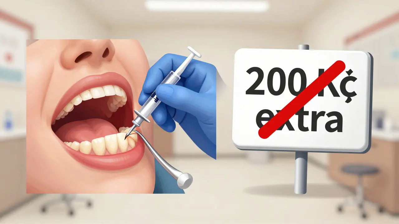 Dvě scény: standardní anestézie v ceně zákroku vs. neetický doplňkový poplatek.