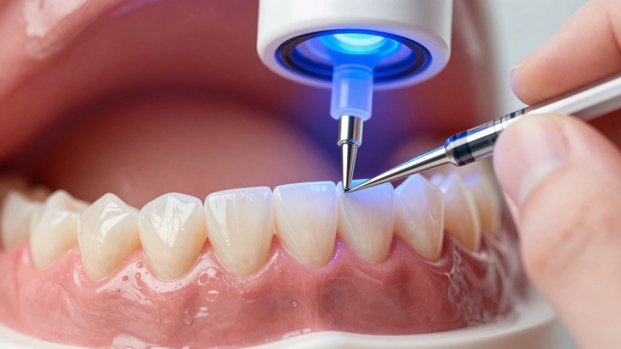 Fazety jsou přilepeny na zuby pomocí světelného zatvrzování lepidla.