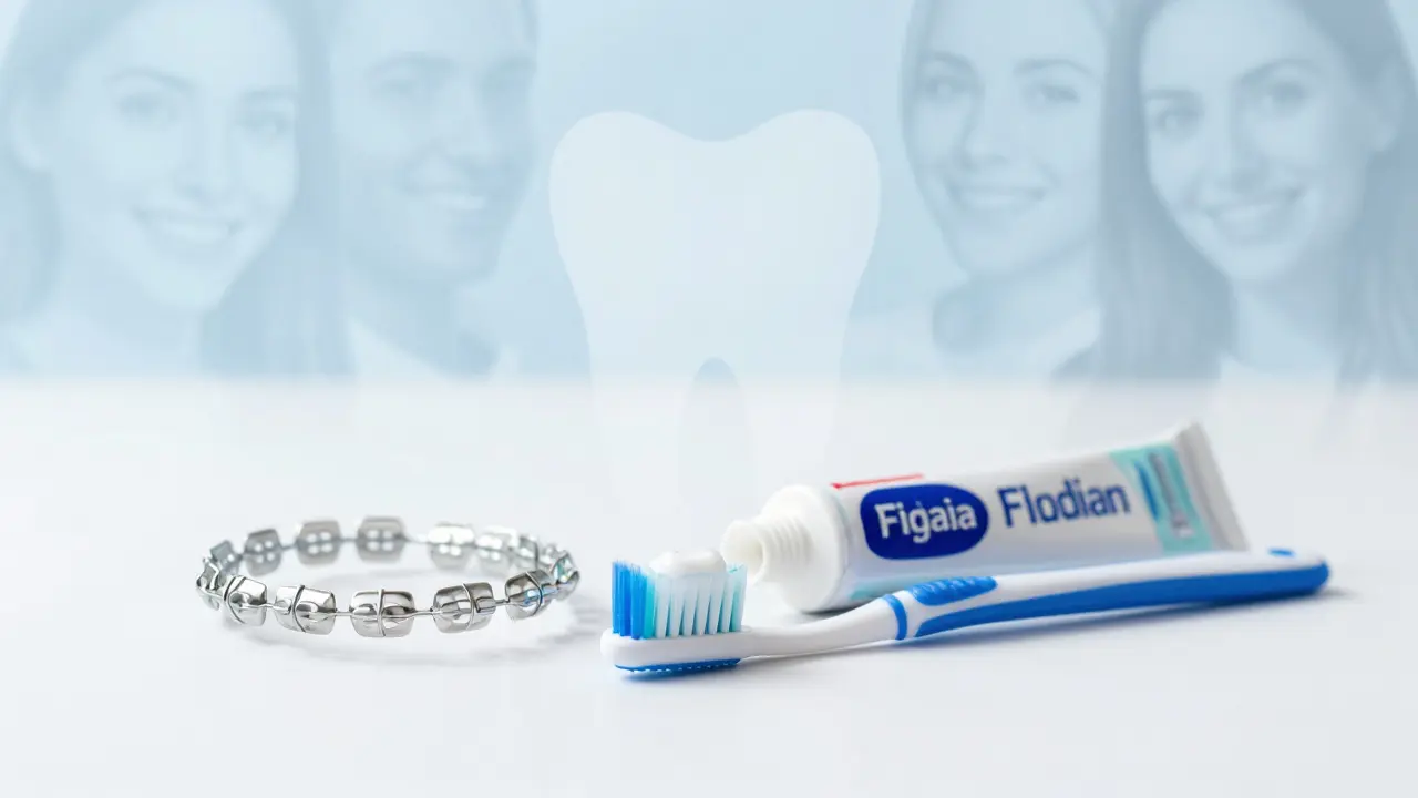 Fixní rovnátka a zubní kartáček vedle zubní pasty, symbolizující hygienu.