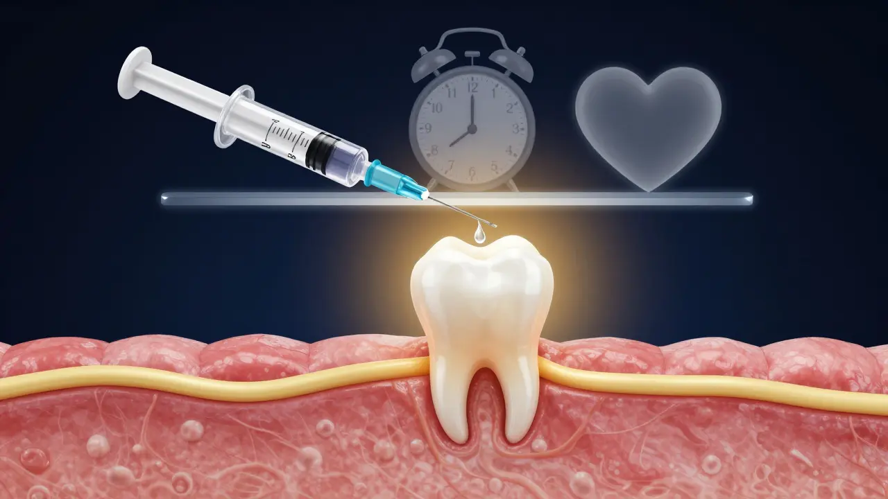 Glowing anestetikum vstřikované do zubní tkáně s symbolem bezbolestné léčby.
