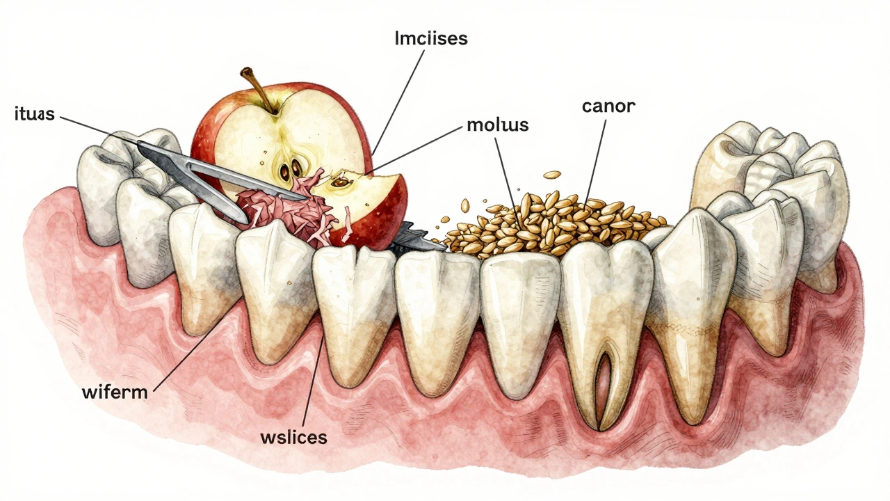 Ilustrace čelisti s typy zubů ukazující jejich funkce při jídlu.
