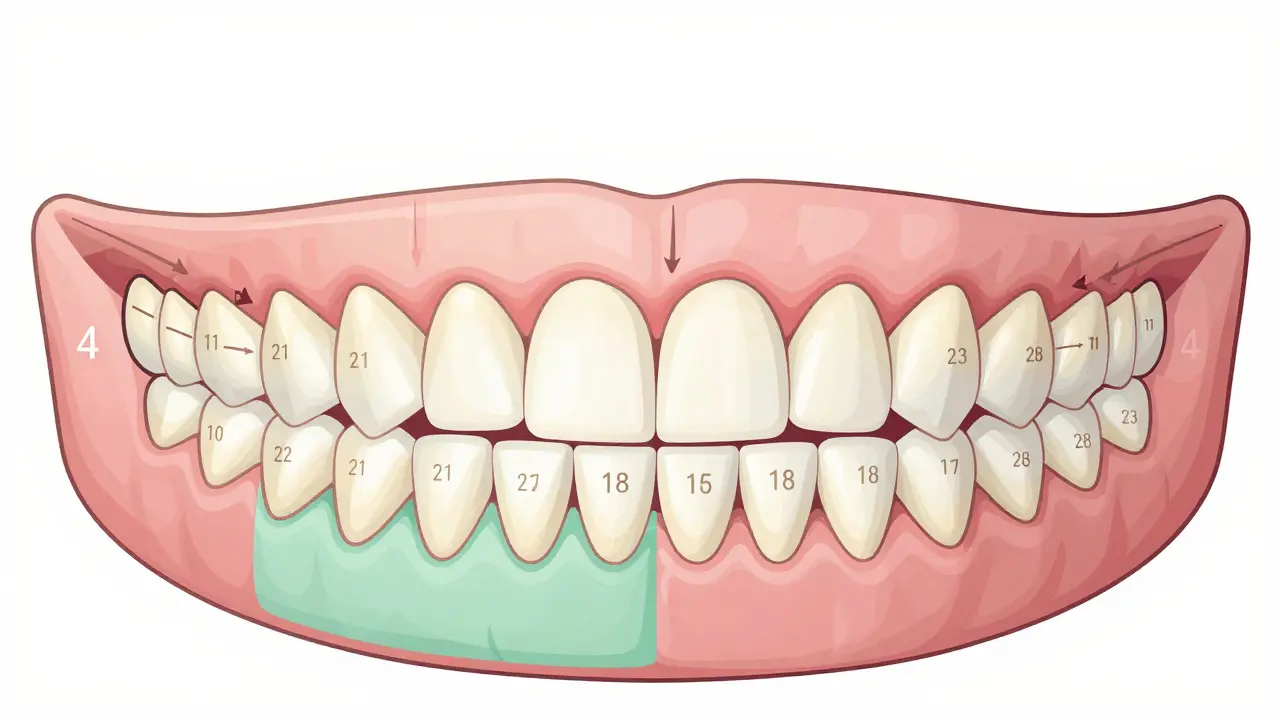 Ilustrace čtyř kvadrantů ústní dutiny s čísly zubů od středu k zadní části.