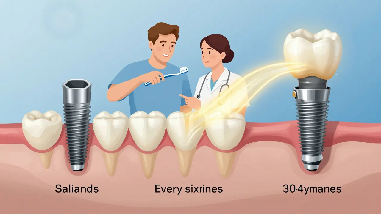 Ilustrace životnosti zubního implantátu od vložení až po 30 let s pravidelnou péčí.