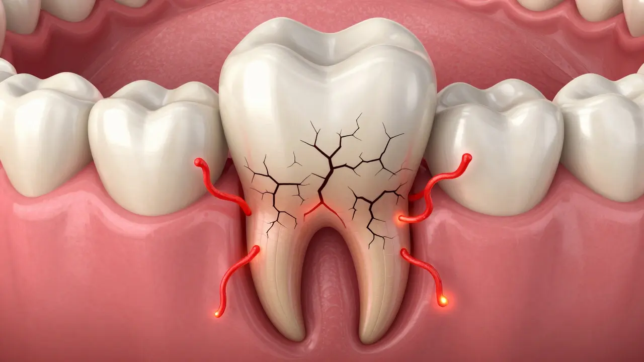Infikovaný kořen zubu s červenými bakteriálními proudy šířícími se do čelisti.