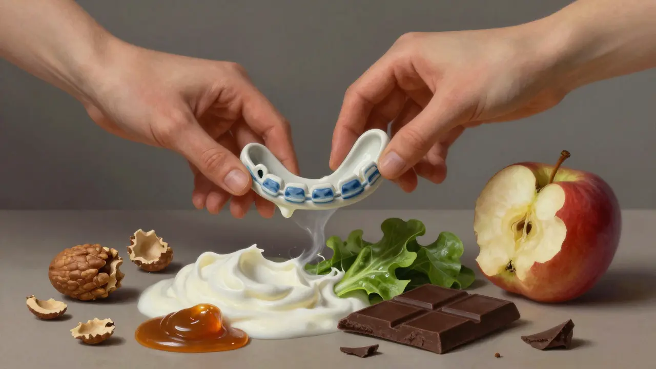 Keramické rovnátko rozpadá se do zdravých potravin a symbolů změny návyků.