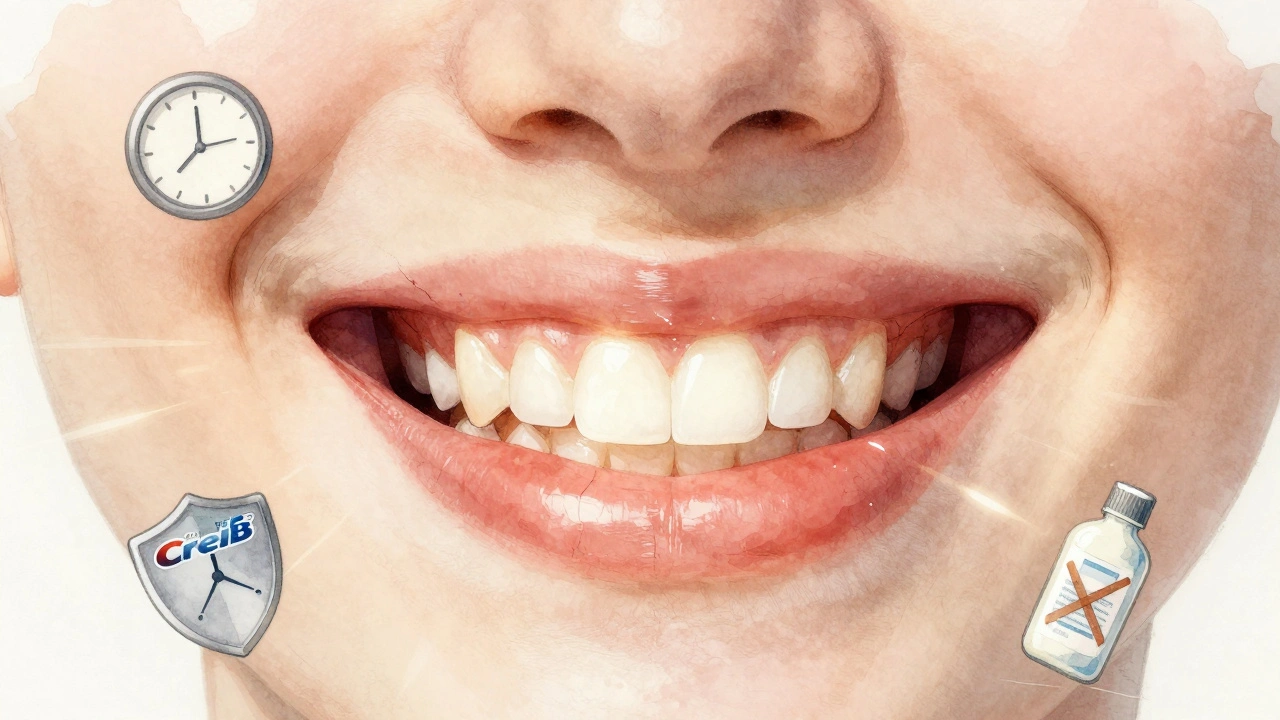 Koncepční obraz úsměvu přecházejícího z přirozené barvy do jasnější, s symboly bezpečného bělení.