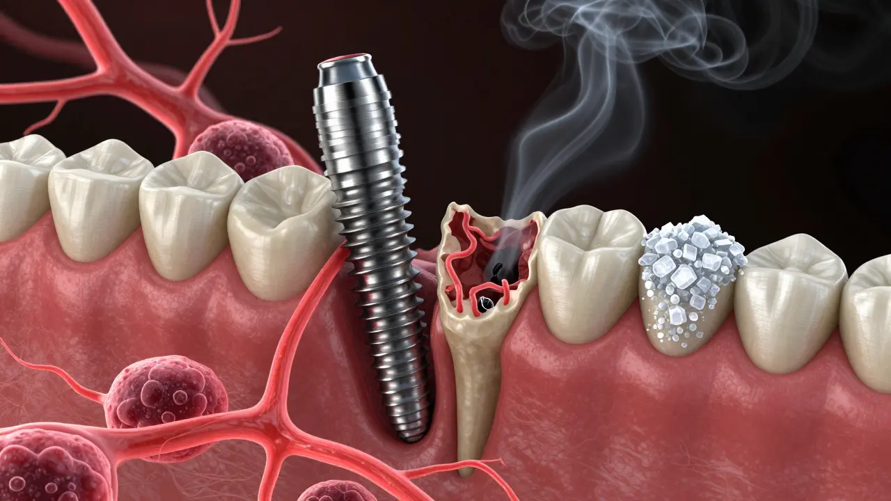Konceptuální obraz implantátu spojeného s kostí, proti škodlivým faktorům jako kouření a cukr.