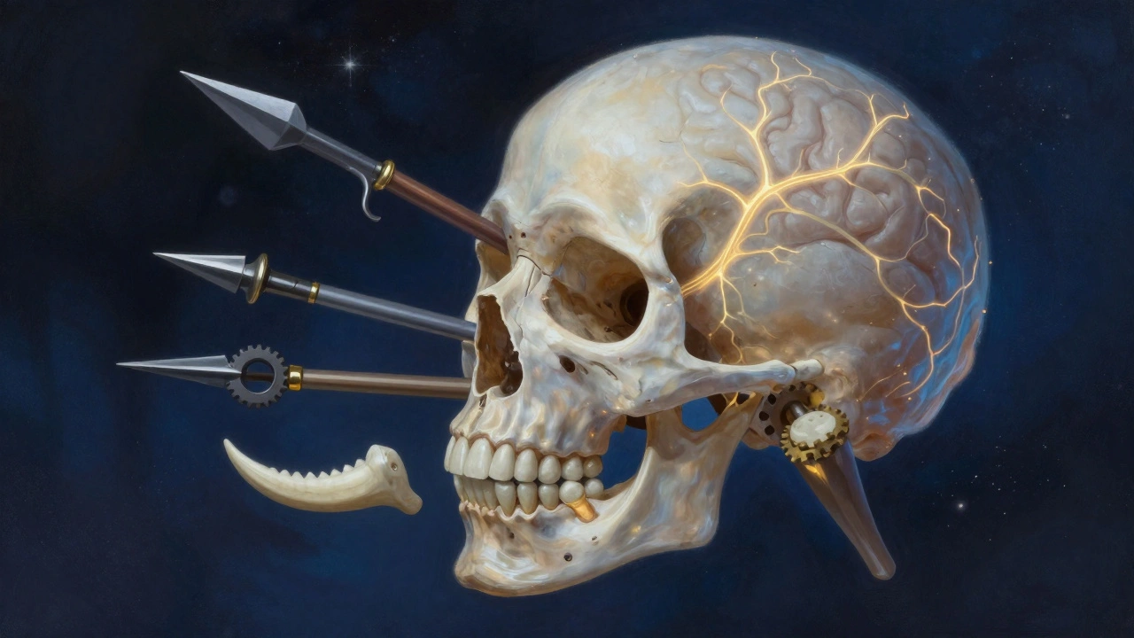 Konceptuální obrázek lebky s zuby jako nástroji v kosmickém prostředí.