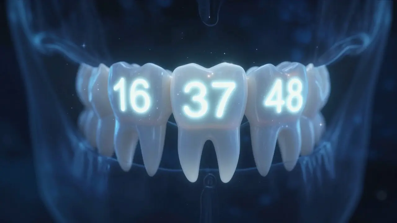 Kosmická scéna s plavajícími čísly zubů 16, 37 a 48 v temném prostoru.