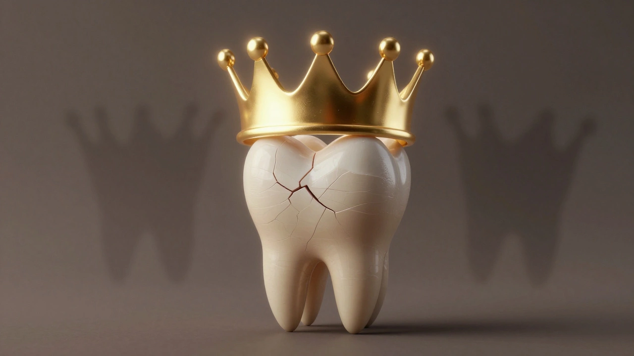 Křehký zub obklopen zlatou korunkou, symbolizující ochranu po léčbě.