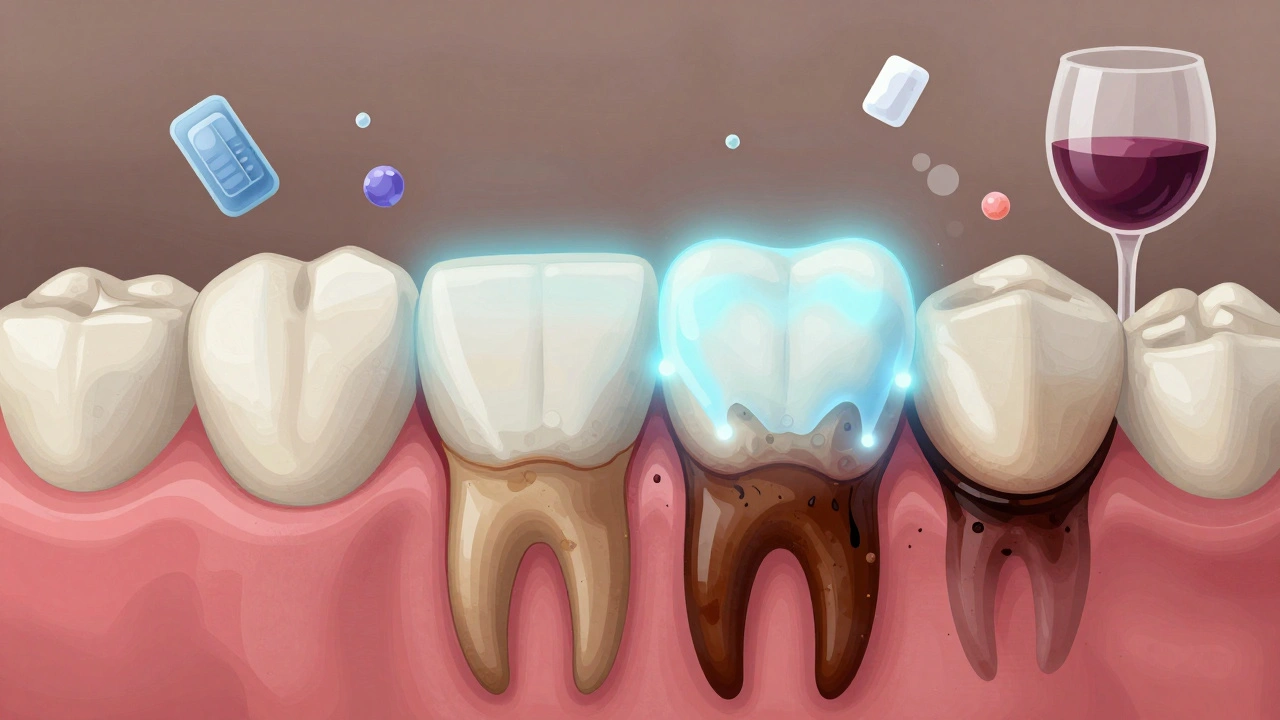 Křížový řez zubu s pigmenty a molekulami, které je rozkládají, s vyznačenými látkami posilujícími sklovinku.