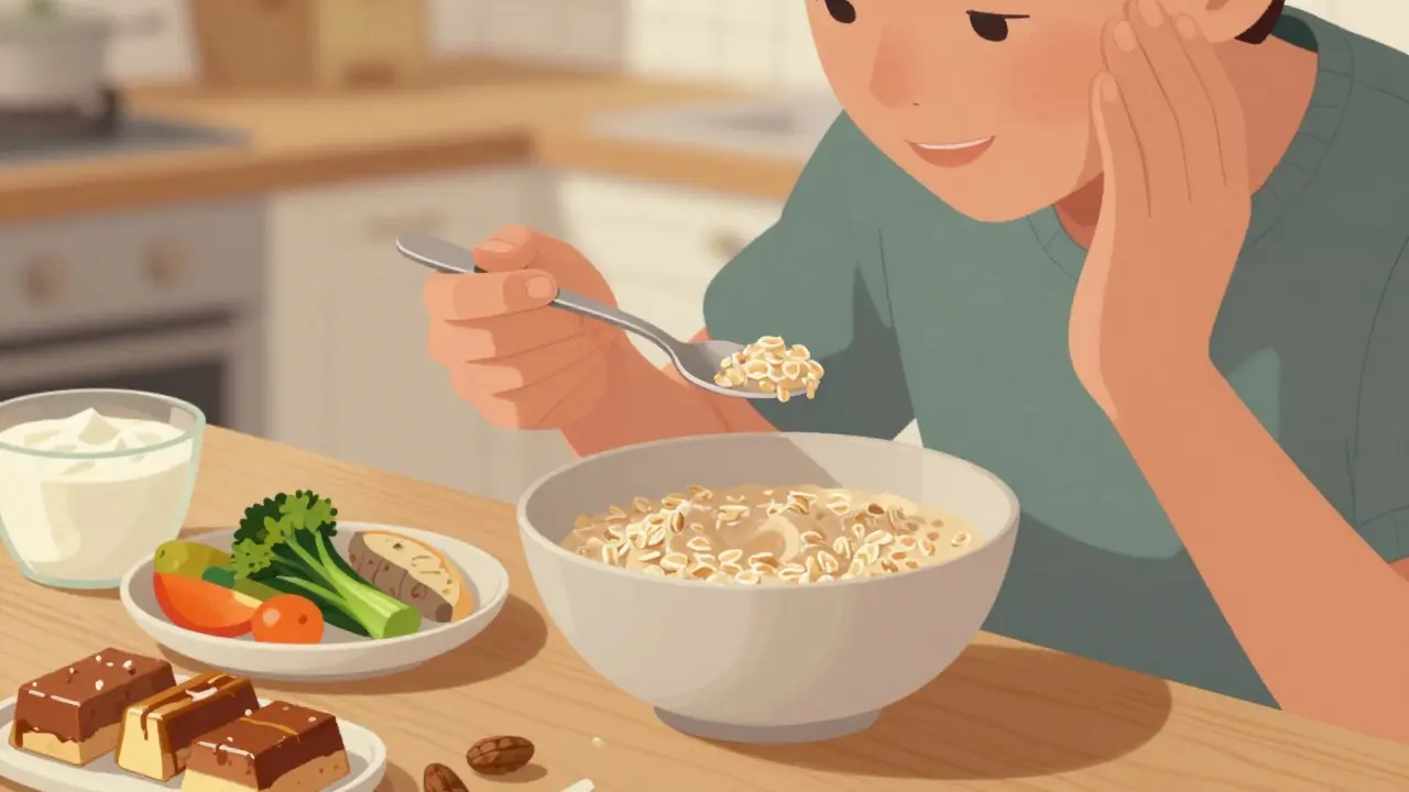 Osoba jí měkkou kaši s vařenou zeleninou, vyhýbá se tvrdým potravinám.