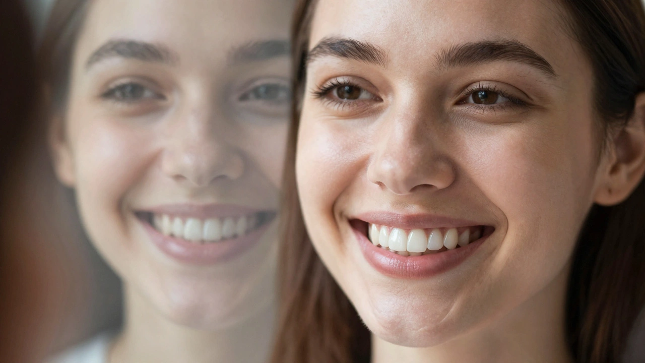 Osoba se usmívá do zrcadla s dokonalými fazetami na předních zubech.