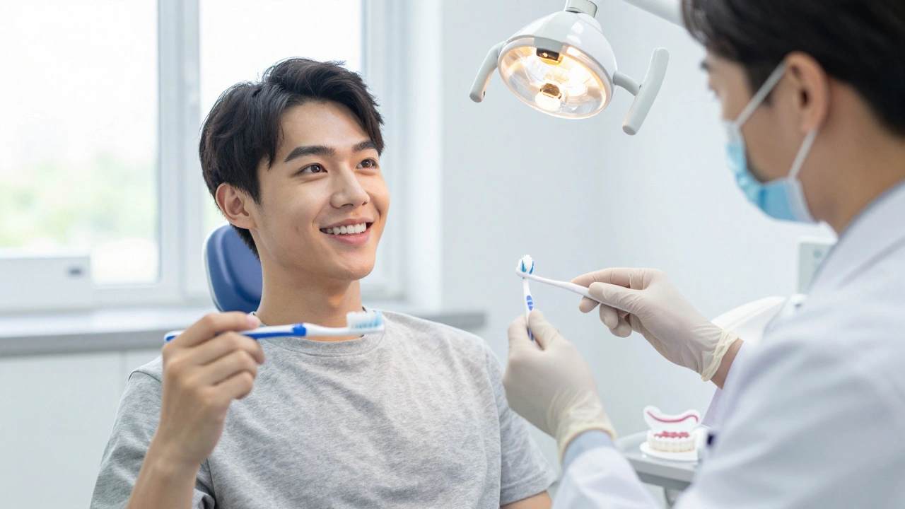 Pacient s čistícími nástroji a zubním lékařem v klinice