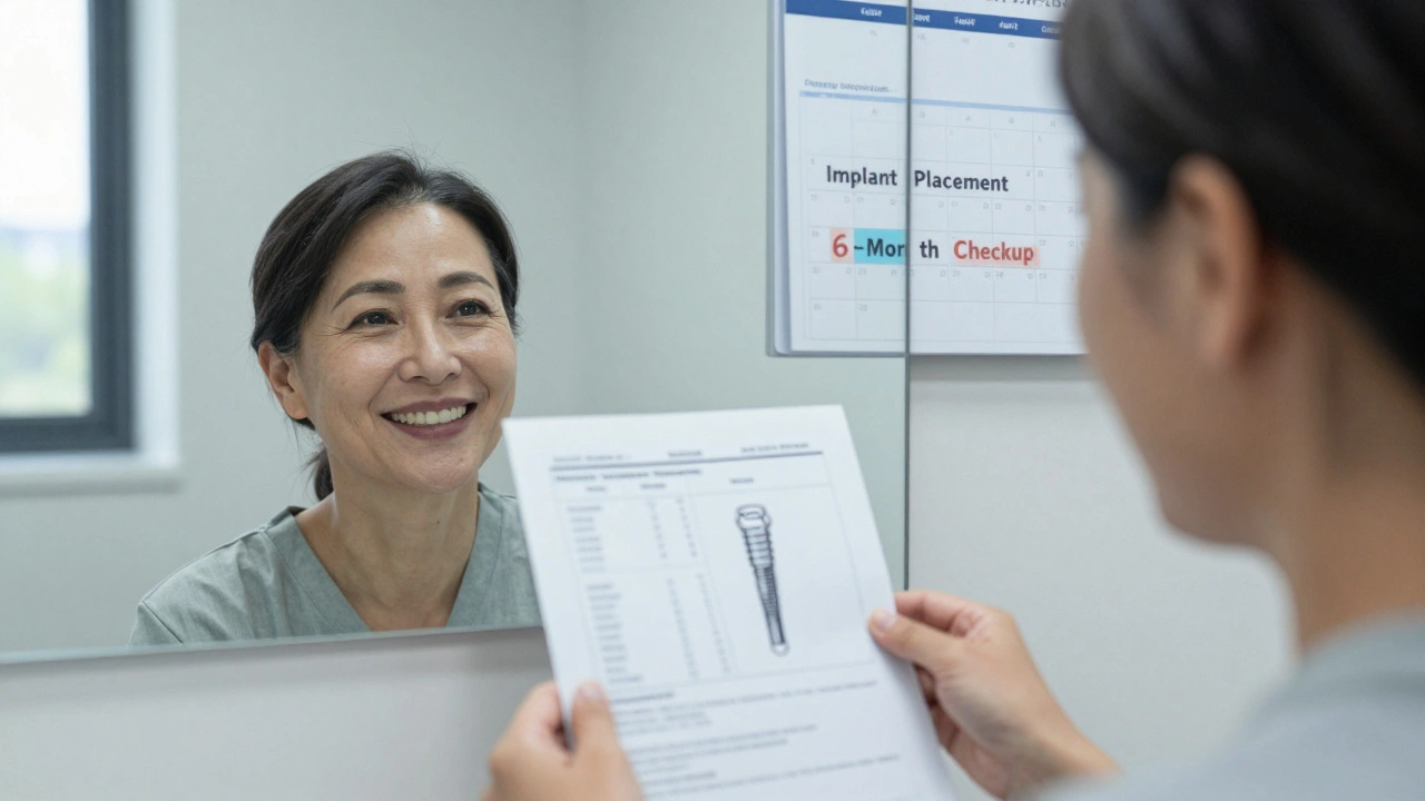 Patient smiling at mirror while holding dental treatment plan with costs.