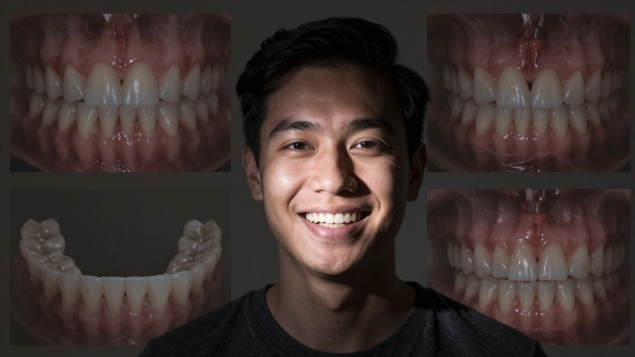 Patient wearing a temporary denture while waiting for delayed dental implant treatment.