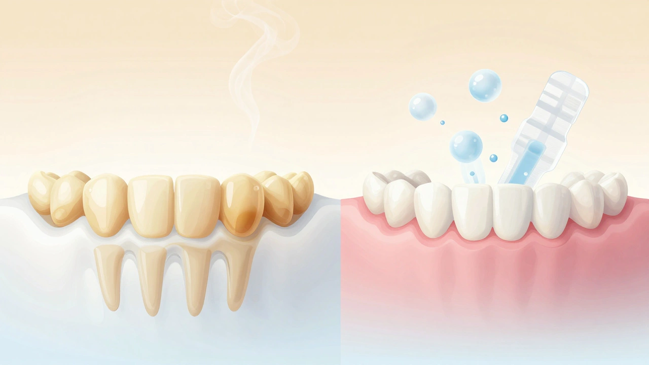 Porovnání tmavých a osvětlených zubů po použití bělicích páskek s molekulami peroxidu.