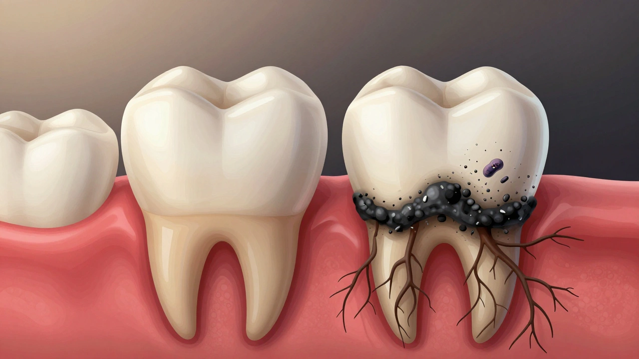 Porovnání zdravého zubu a zubu s černým kamenem a zánětem dásně v jedné scéně.