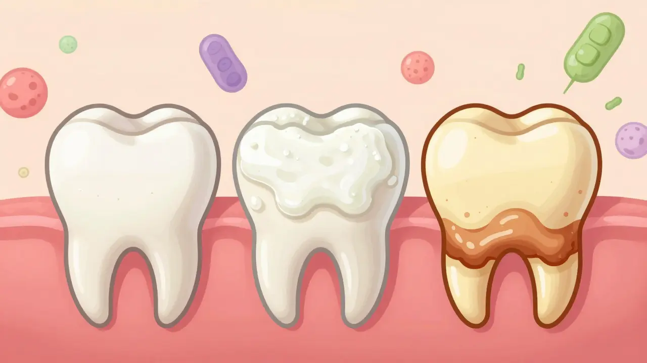 Postupný vývoj zubního kamene: zdravý zub, plak a tvrdý nános na zubech.