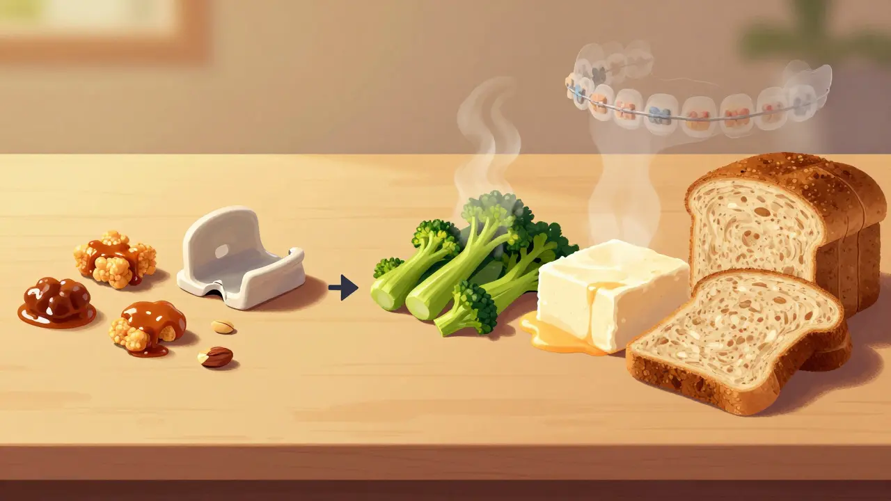 Před a po: rozbité svačiny vs. zdravá jídla při ortodontické léčbě.