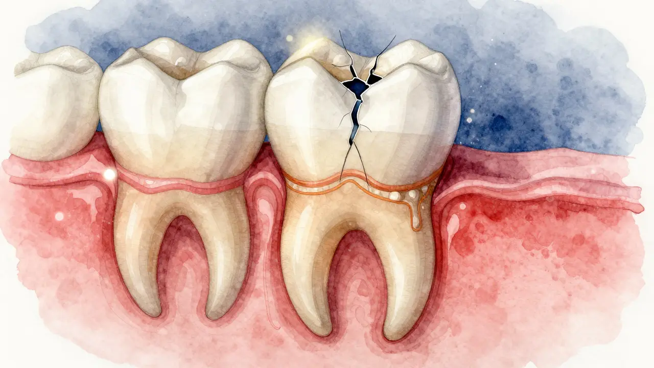 Příčný řez zubu s ukázkou staré a nové plomby.