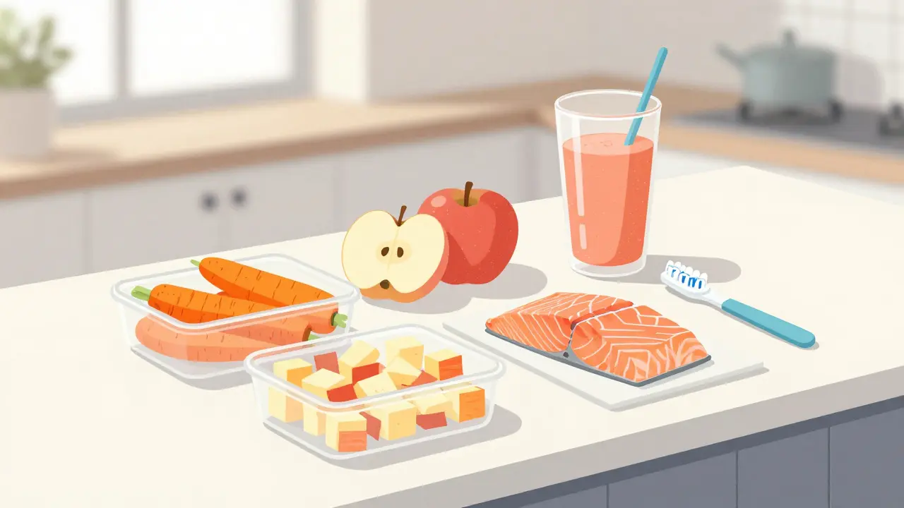 Připravené měkké potraviny a ortodontické nástroje na kuchyňské desce.