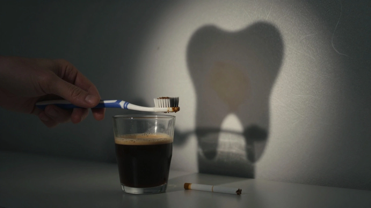 Ruka drží štěteček vedle kávy a cigaret, stín na zdi tvaru zubu s tmavými skvrnami.