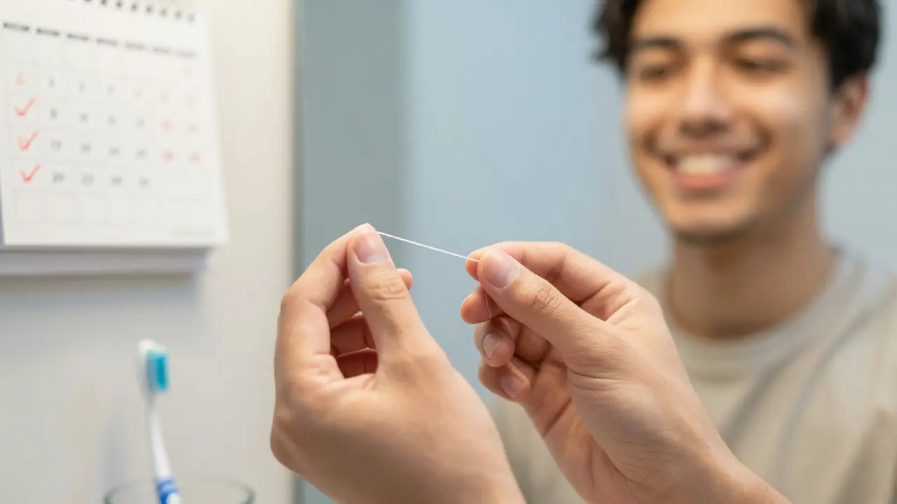 Ruka drží zubní nit v osvětlené koupelně, zdravé zuby jsou vidět v pozadí.