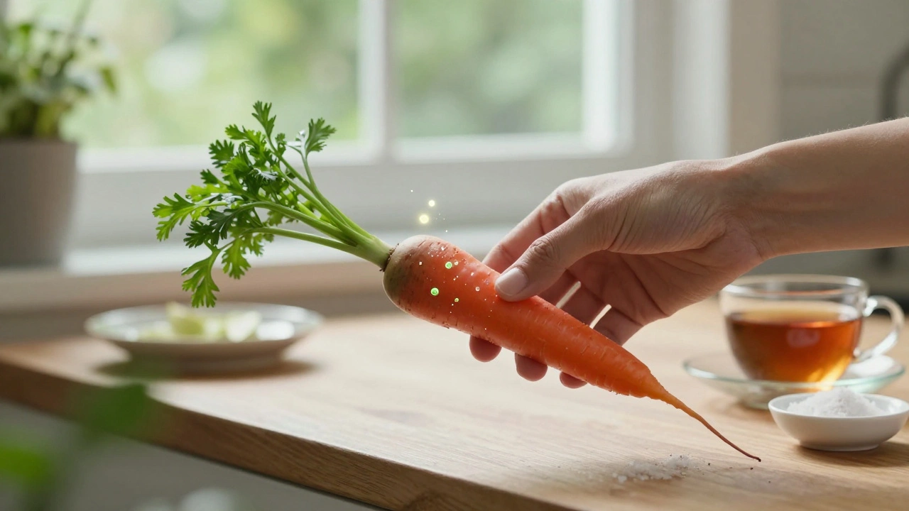 Ruka žvýká mrkev a řepu, přičemž se mechanicky odstraňuje zubní plak.